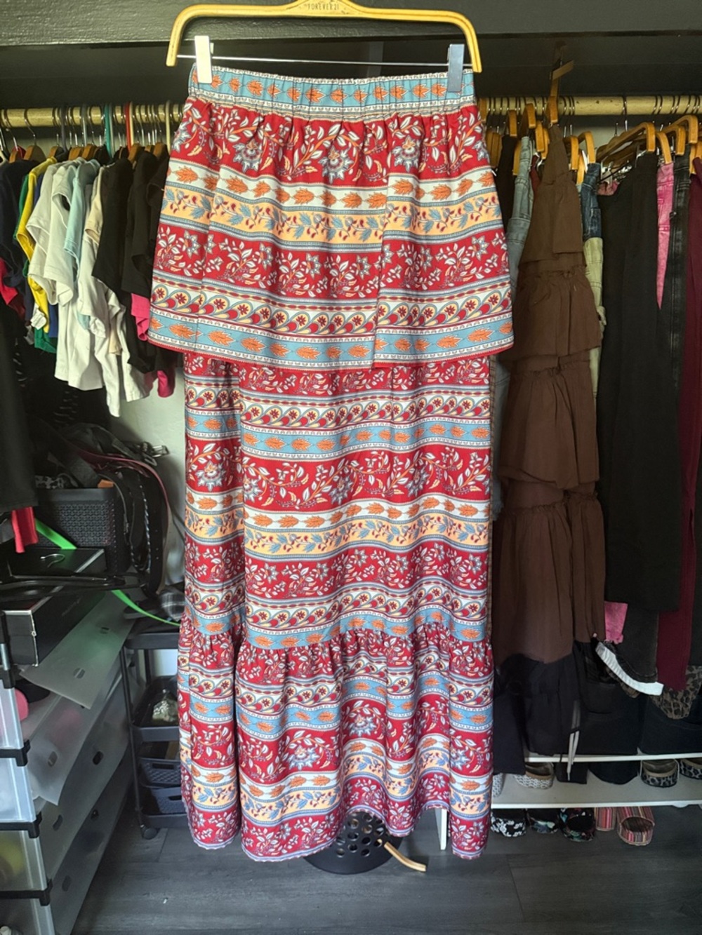 Bohemian Tiered Maxi Skirt in Red and Blue